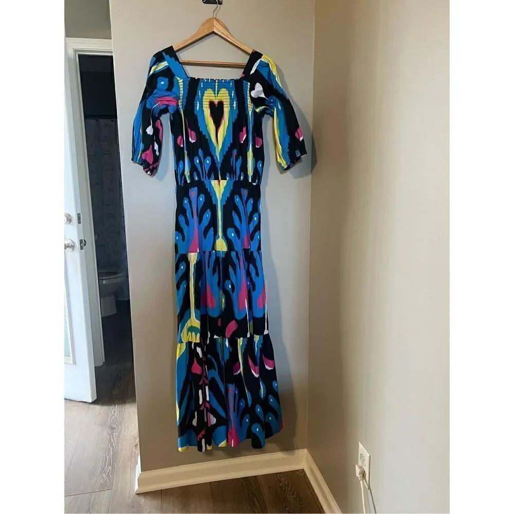 Sheridan French Women’s Size Medium Isabel Maxi Dress Black Blue Heart Ikat NWOT - Picture 4 of 14